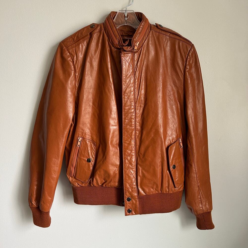 Vintage Bermans Camel Tan Leather Lined Zip Up 70s Bomber Jacket Coat Size 38